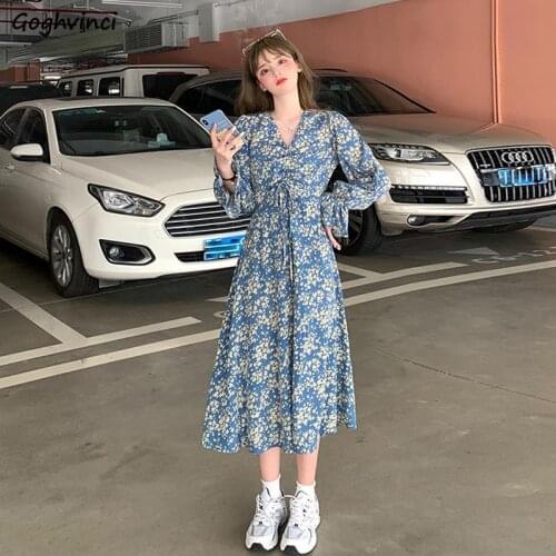 Long Flare Sleeve Dress Women V-neck Pleated Floral Print Elegant Korean Style A-line Midi Sweet Fashion French Womens Vestido