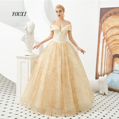 Gold Evening Dresses 2019 New Bling Sparkle Off Shoulder Prom Formal Gowns Long Sweetheart Lace up Back YOUXI