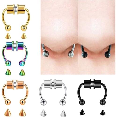 1 Set Magnetic Septum Nose Ring Horseshoe Fake Nose Ring Hoop Reusable Nose Ring Hoop Non-Piercing 316L Stainless Steel
