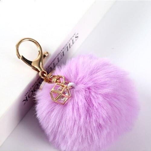 15 Colors Hot Sale Trinket Fluffy Artificial Rabbit Fur Ball Key Chain Pompons Diamond Hexagon Keychain Women Car Bag Key Ring J