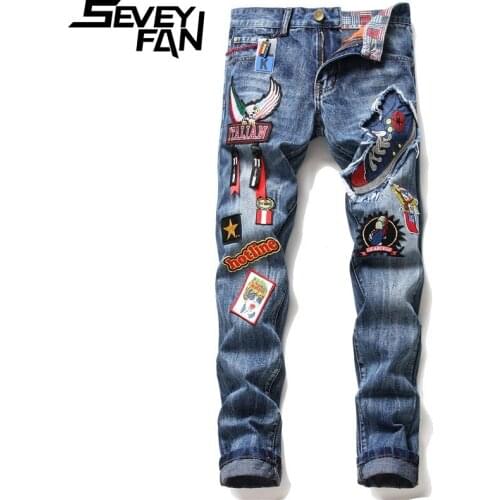 SEVEYFAN 2021 Mens Fashion Eagle Embroidery Jeans Blue Washed Ripped Denim Pants for Male