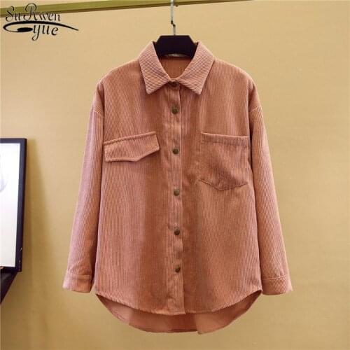 2021 Vintage Blouse Women Casual Button Cardigan Women Shirts Women Solid Corduroy Long Sleeve Loose Tops Feminina Blusa 10890