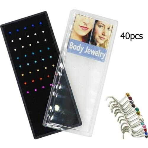 40pcs/lot Rhinestone Crystal Stainless Steel Nose Jewelry Straight Stud Bar Piercing Nose Ring Septum Piercing Nostril