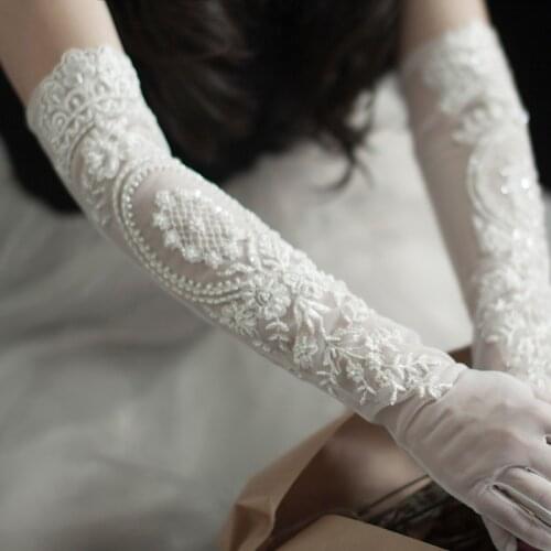 White Embroidery with Beading Women Lace Gloves Mesh for Bridal