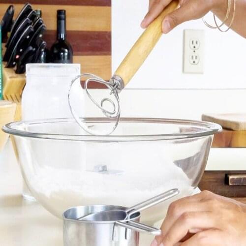 Stainless Steel Blender for DIY Bread Dough Bakeware Dough Whisk Eggs Beater Mixer Tool 13 Inch Oak Wood Handle 1PC