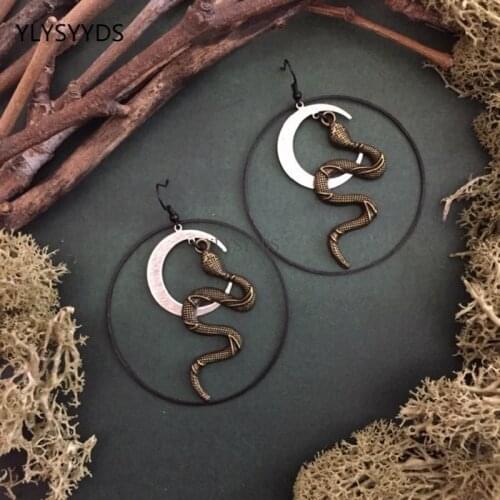Gothic Moon Bronze Harvest Snake Earrings Jewelry Wicca Big Snake Pendant Weird Darkness Women Gift Goth Hallowee Grunge Trend