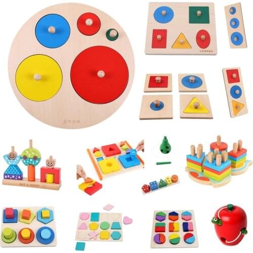 Wooden Geometric Shapes Sorting Math Montessori Puzzle Colorful Preschool Learning Educational Game Baby Toddler Toys