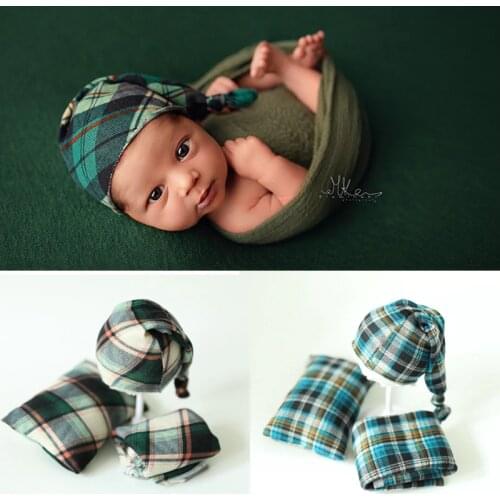 Baby Hat baby Pillow Fotografia Accessorio Studio Shooting Photo Props Plaid Wraps Hats & Pillow Cute Soft Set