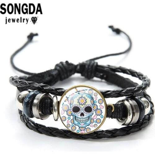 SONGDA Fancy Sugar Skull Day of the Dead Black Leather Bracelet Convex Glass Dome Charms Multi Layer Adjustable Braided Bracelet
