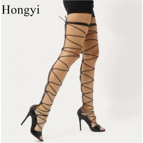 Hongyi Hot Sale Dress Shoes Women Open Toe Thin High Heeled Sandal Botas Lace Up Over the Knee Boots Summer Shoe Big Size