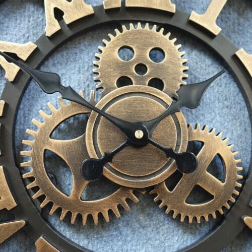 Hot Sell European-Style 3D Retro Vintage Gear Wall Clock Creative Imitation Iron Mute Wooden Hanging Clock Wall Mounted Clocks