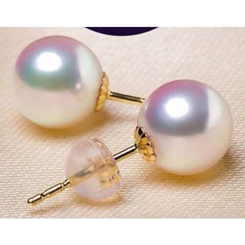Fashion 9-10mm round natural south sea white pearl earrings yellow gold