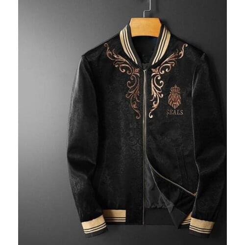 Minglu Autumn Winter Male Jackets Luxury Gold Embroidery Stand Collar Casual Mens Jackets And Coats Slim Fit Zipper Man Coats