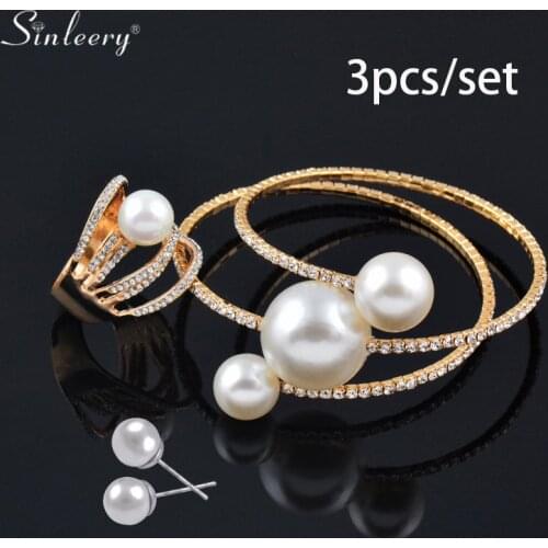 SINLEERY Wedding Jewelry Sets Big Pearl Multilayer Bracelet Bangle Rings Set For Women Gold Color TZ198 SSP