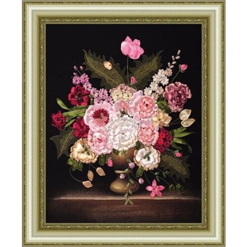 Needlework,DIY Ribbon Cross stitch Set for Embroidery kit,noble vase peony flowers ribbon Cross-Stitch handwork home wall decor