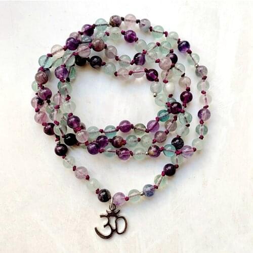 Natural Fluorite Crystal Stone 108 Mala Beads Necklace Meditation OM Symbol Pendant Bracelet Decor Knotted 6mm 1pc Wholesale