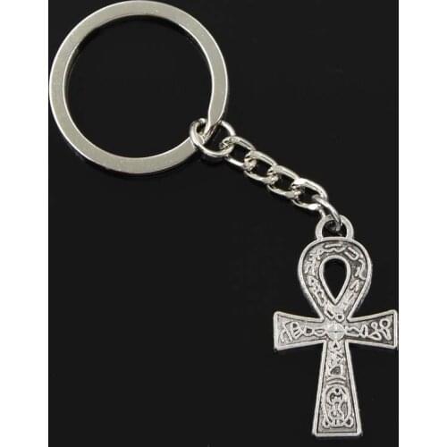 New Fashion Men 30mm Keychain DIY Metal Holder Chain Vintage Egyptian Ankh Life Symbol Cross 38x21mm Silver Color Pendant Gift