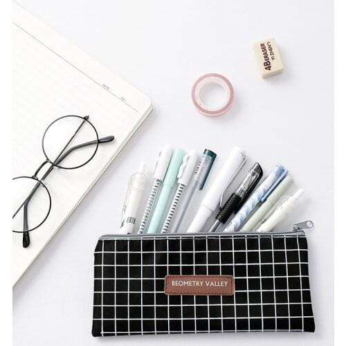 Stationery Storage Organizer Pencil Case Kawaii Simple Grid Dot Canvas Pencil Bag School Supply