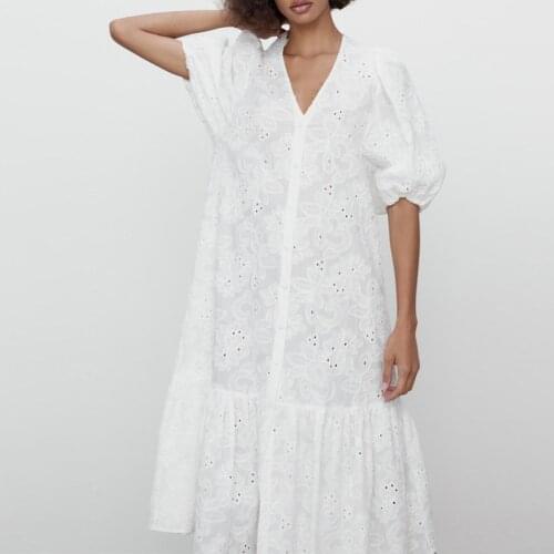 New Spring Summer Women White Sexy V-Neck Hollow Midi Dress Chic Embroidery Solid Loose Elegant Party Dresses Ladies Vestidos