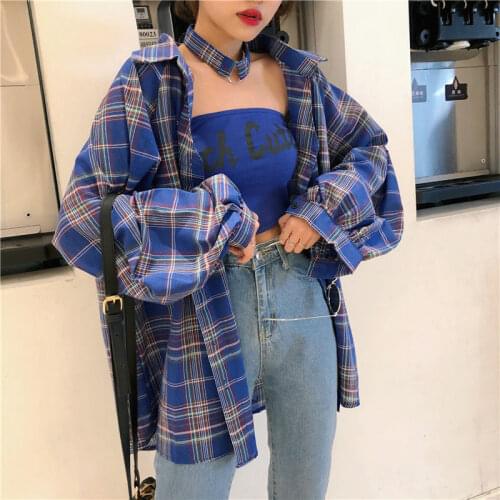 HOUZHOU Plaid Shirts Women Long Sleeve Cardigan Vintage Top Blue Yellow Red Shirt 90s Beautiful Blouse Button Up Oversize Blouse