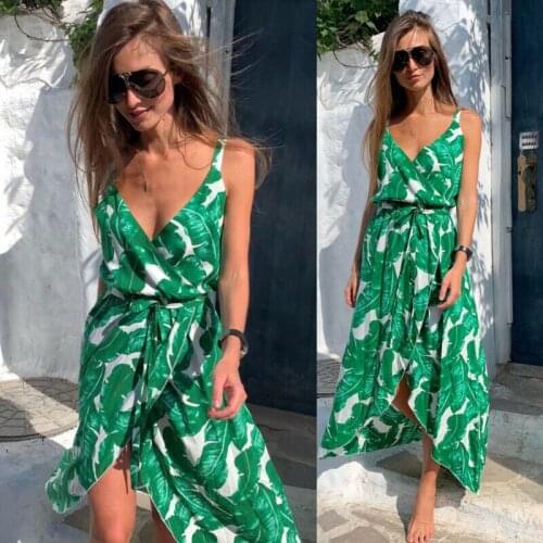 Sexy Women Boho Maxi Floral Dress V-Neck Summer Holiday Sleeveless Split Dress