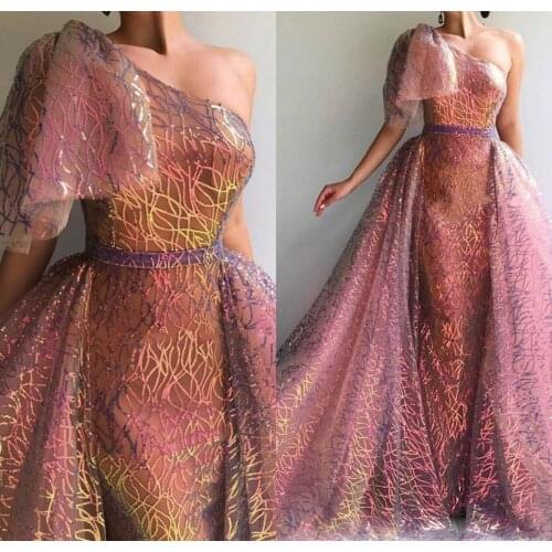 Elegant Sequined Evening Dresses with Detachable Train One Shoulder New Design Formal Party Dress Dubai Robe De Soiree