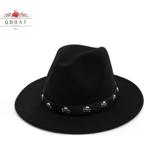 QBHAT Vintage Wool Felt Wide Brim Gambler Fedora Hat Skull Rivet Leather Decoration Men Women Panama Jazz Formal Top Hat Cap