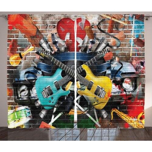 Kitchen Curtains Brick Wall Guitar Graffiti Design Curtains for Bedroom Living Room Decoration Item Window Curtain Living Room