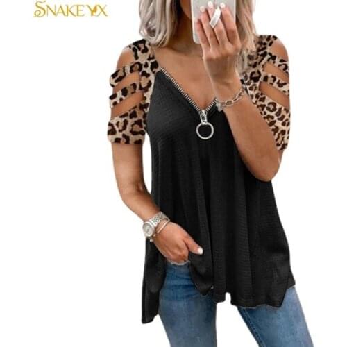 SNAKE YX T Shirt for Women Casual Leopard Printed Short Sleeve Zipper V-neck T-shirt Loose Plus Size Soft and Comfortable Top