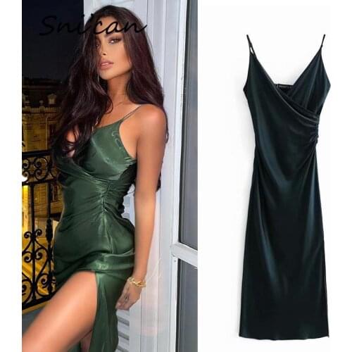 Dark Green Satin Midi Dress Women Summer Ruched High Waist Split Long Dresses Za Sexy Party Club Sukienka Letnia Robe Femme 2021