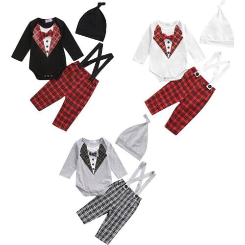 3PCS Set Newborn Baby Boy Long Sleeve Bow Tie Cotton Bodysuit Tops Plaid Suspender Long Pant Hat Outfits Baby Clothes
