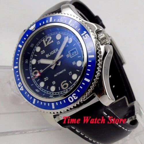 44mm BLIGER Automatic mens watch blue dial luminous ceramic bezel polished SS case Miyota 8215 Automatic watch men 148