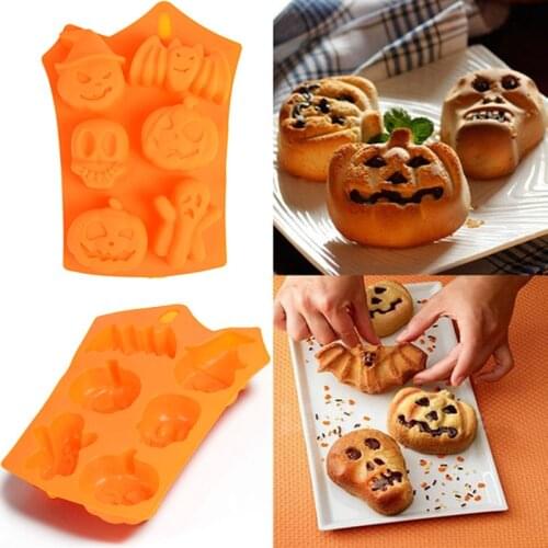 6 Slot Bat Ghost Pumpkin Head Silicone Mold For Halloween Party Cake Decoration Chocolate Chip Cookie Cake Mold Supplies