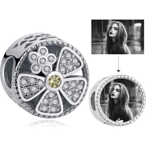 Luxury 925 Sterling Silver Yellow Crystal Daisy Flower Forever Love Custom Photo Beads fit Charm Bracelet Personalized Jewelry
