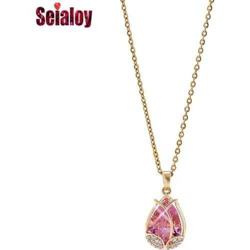 Dropshipping Stainless Steel Pink Crystal Rose Pendant Necklace For Women Girl Original Golden Fine Zircon Flower Charm Necklace