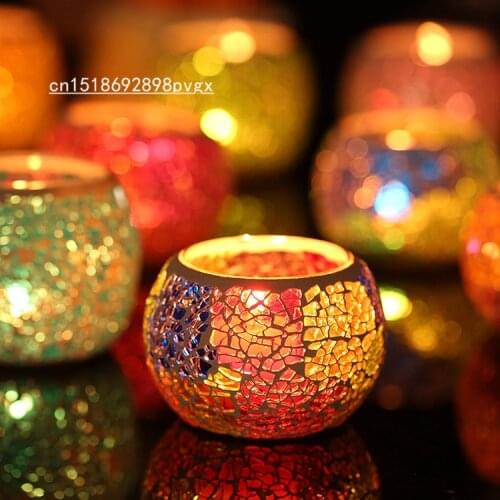European Retro Glass Mosaic Candle Holder Candlestick Ornaments Romantic Wedding Candle Cup Handmade Crafts Home Decoration