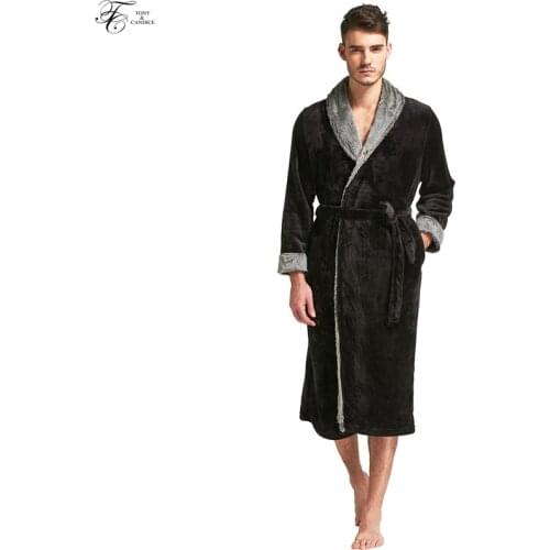 Tony&Candice Bathrobe Men Flannel Stitching Nightgowns Male Long Dressing Gown In Winter Soft Home Sleepwear Lounges Pyjamas