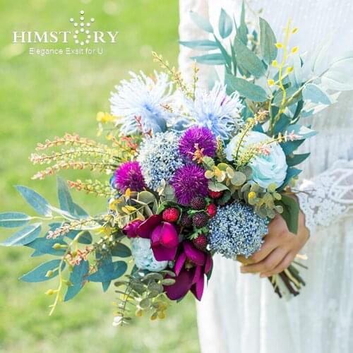 HIMSTORY Vintage Purple Wedding Bouquet for Bride Handmade Silk Wild Flowers Wedding Bride Hand Holder Bouquet Accessories