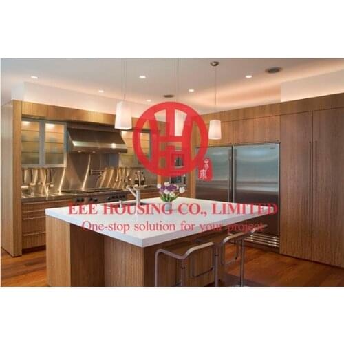 Customized modern laminated wood grain color kitchen cabinet with excellent design and quality MOQ is 1 set & sipping by sea