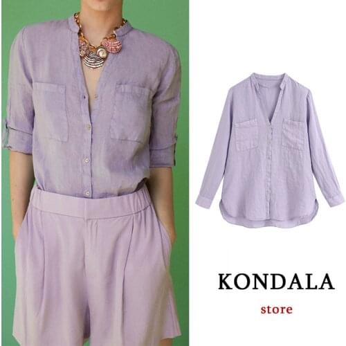 KONDALA Za 2021 Chic Violet Solid Oversized Long Women Shirts Fashion Autumn Long Sleeve V Neck Casual Blouses Elegant Mujer Top