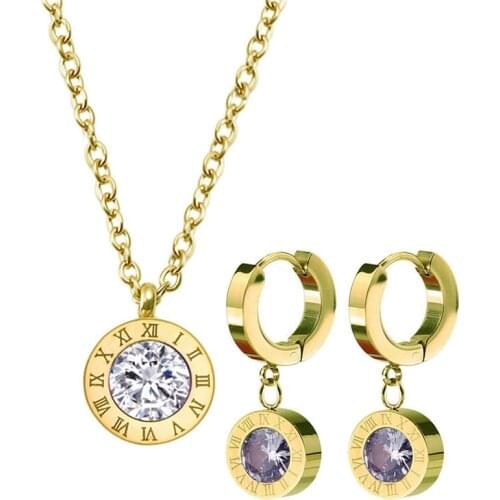 Round AAA crystal Jewelry Roman Numerals Stylish Rose Gold Color Pendant Necklace Earrings Fashion Wedding Jewelry Sets