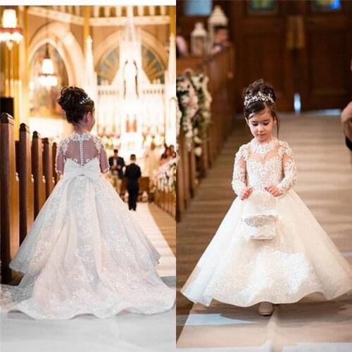 Jewel Long Sleeve Lace Flower Girls Dresses Appliques Bow Button Back vestidos de noiva Formal Party Gowns For Girls