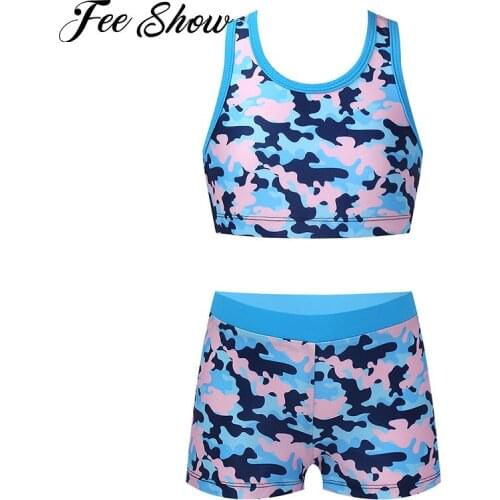 Girls Two Pieces Swimsuits Brazilian Bathing Suit Summer Beachwear Kids Sleeveless Y-Shaped Back Tank Top with Boyshorts Bottoms