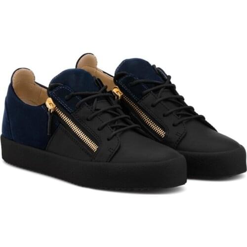 Fashion Men Black Leather Patchwork Tied Double Zipper Youth Sport Shoes Male Round Toe Flats Low Top Unisex Sneakers