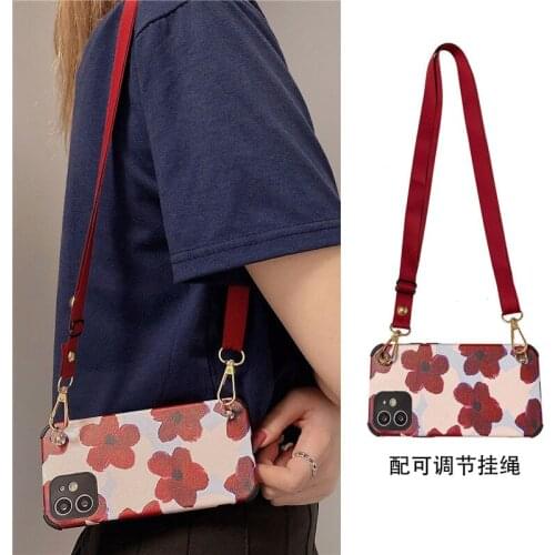 Fashion Big Red Flower Diagonal Lanyard Silicone Phone Case for 12 Pro Max 7 8 Plus 11 X XS XR SE MiNi Dustproof Cover Gifts