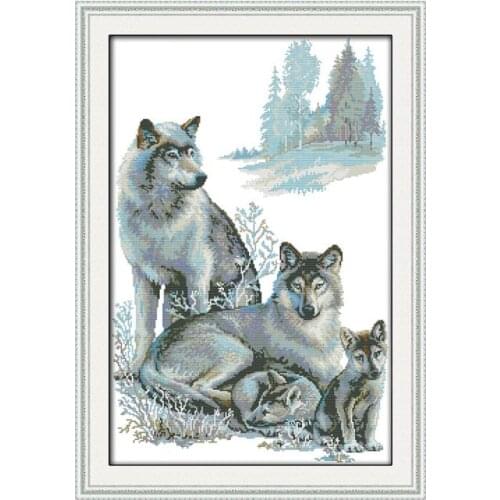 A wolf family cross stitch kit 14ct 11ct pre stamped canvas cross stitching animal lover embroidery DIY handmade needlework