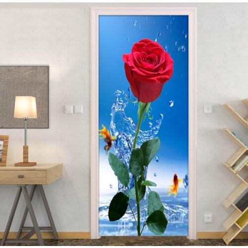 Door Stickers Flower Waterproof Modern Living Room Bedroom Door Wallpaper Self-Adhesive Art Wall Decals Red Rose 3D Wall Sticker