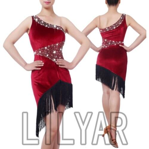 Latin Dance Dress Competition Dress Costumes Skirt Performing Dress Rhinestones Adult Customize Children Wine Red Stretch Velvet