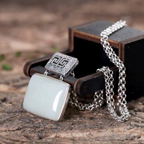 Polyster S925 pure silver inlay hetian jade nothing natural jade wholesale high-grade retro women sweater chain pendant