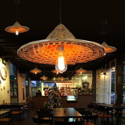Dish restaurant, restaurant, farmhouse, straw hat, bamboo hat, chandelier, Chinese style Southeast Asian bamboo lamps